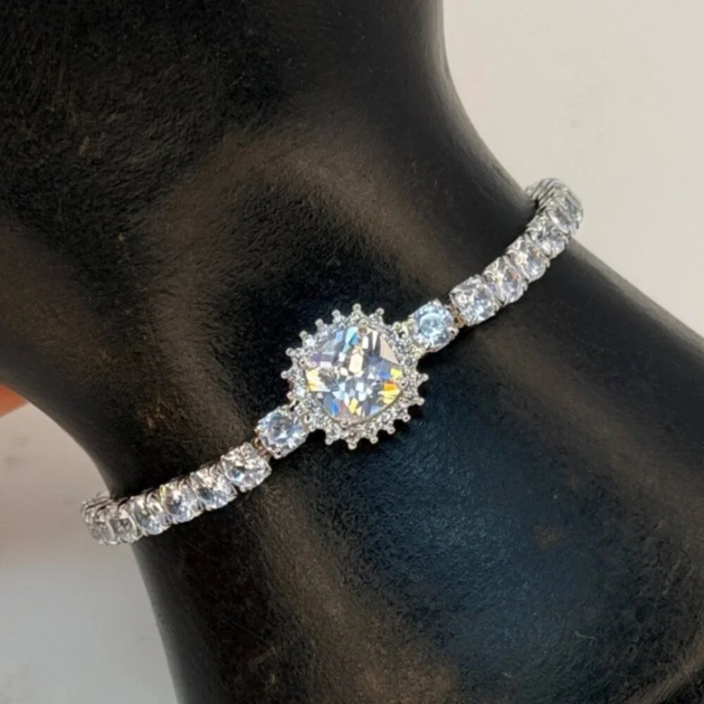Vintage Swarovski‎ Crystal Tennis Bracelet Halo Center Sterling Overlay Slider